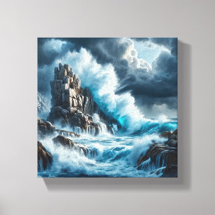 Dramatic Waves Crashing Against Towering Vertical  Canvas Print