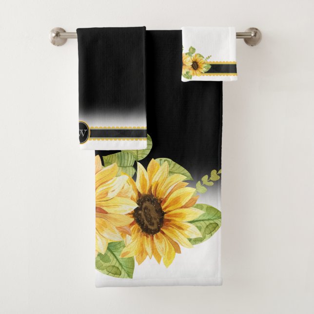 Dramatic Yellow Sunflowers on Black & White Bath Towel Set (Insitu)