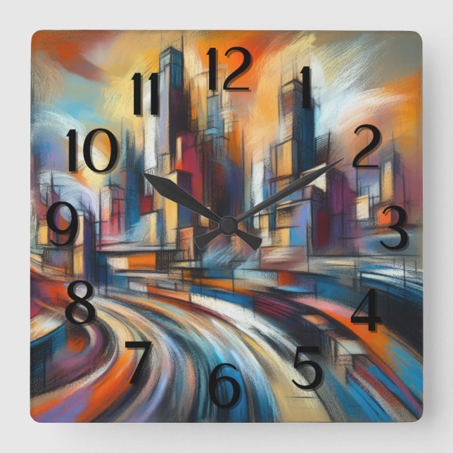 Drawing Abstract Modern Buildings Cityscape Square Wall Clock (Front)
