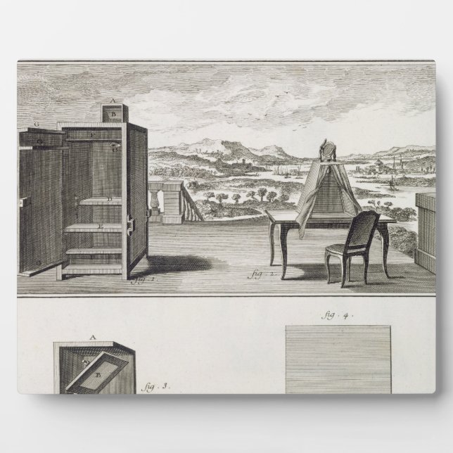 Drawing aids: a basic wooden camera obscura and a plaque (Front)