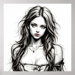 Drawing by a young grunge woman. poster