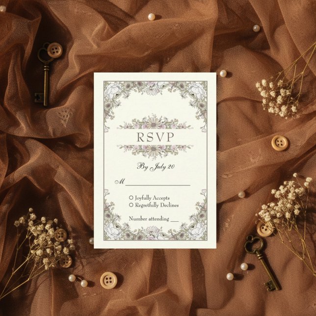 Drawing flowers ivory romantic wedding rsvp card  (Creator Uploaded)