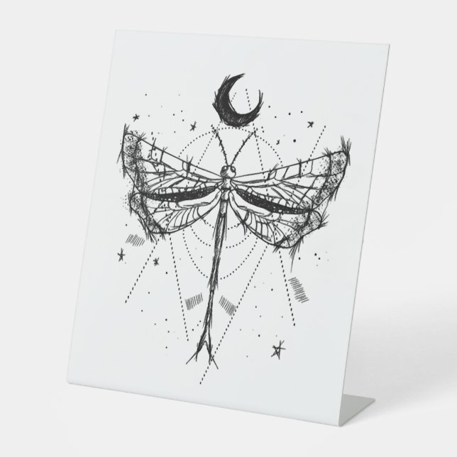 Drawing of a dragonfly in moonlight Boho style Pedestal Sign (Front)