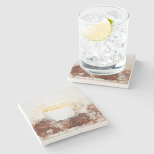 Drawing of a Hot Cup of Coffee Among Coffee Beans Stone Coaster