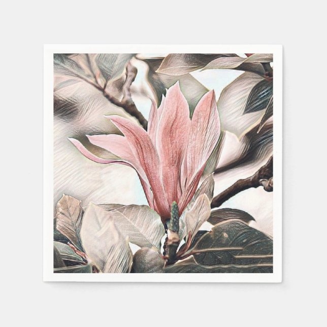 Drawing of a pink magnolia branch  Paper Napkin (Front)