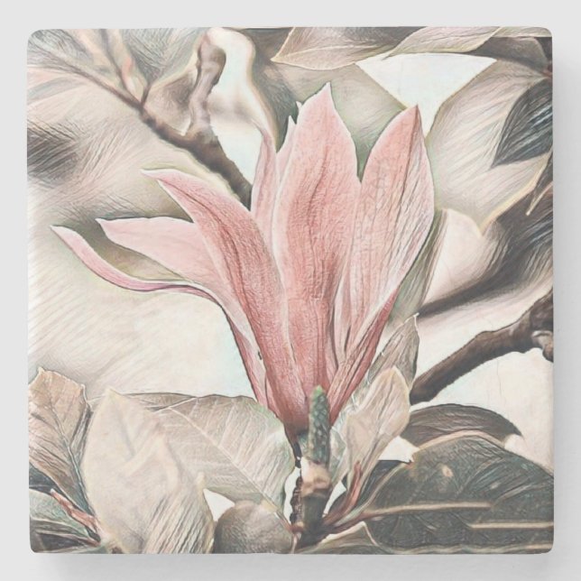 Drawing of a pink magnolia branch stone coaster (Front)