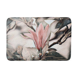 Drawing of a pink magnolia flower branch bath mat
