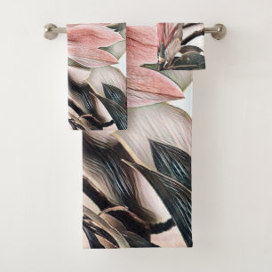 Drawing of a pink magnolia flower branch bath towe bath towel set