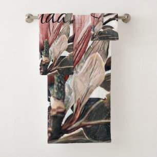 Drawing of a pink magnolia flower branch bath towel set