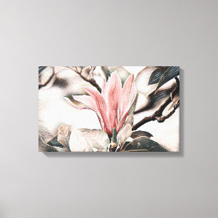 Drawing of a pink magnolia flower branch canvas print