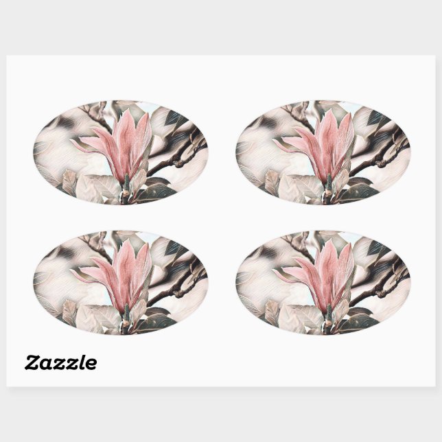Drawing of a pink magnolia flower branch oval stic sticker (Sheet)