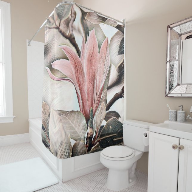 Drawing of a pink magnolia flower branch shower cu shower curtain (In Situ)