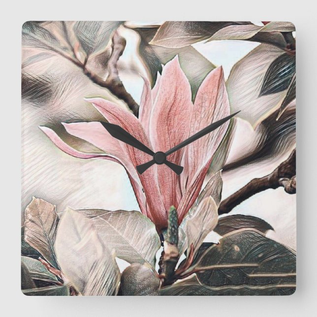 Drawing of a pink magnolia flower branch square wall clock (Front)