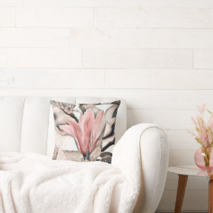Drawing of a pink magnolia flower branch throw pil cushion