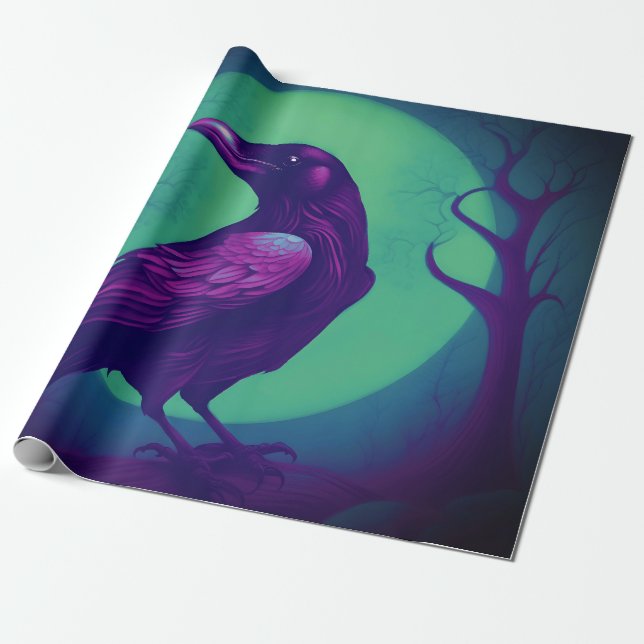 Drawing of a raven on bright green blue background wrapping paper (Unrolled)