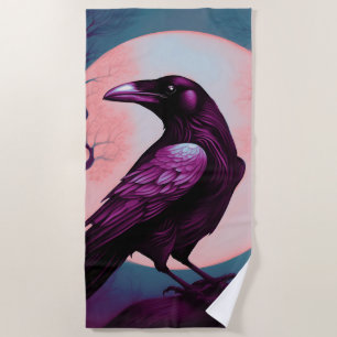 Drawing of a raven on grey blue background beach towel