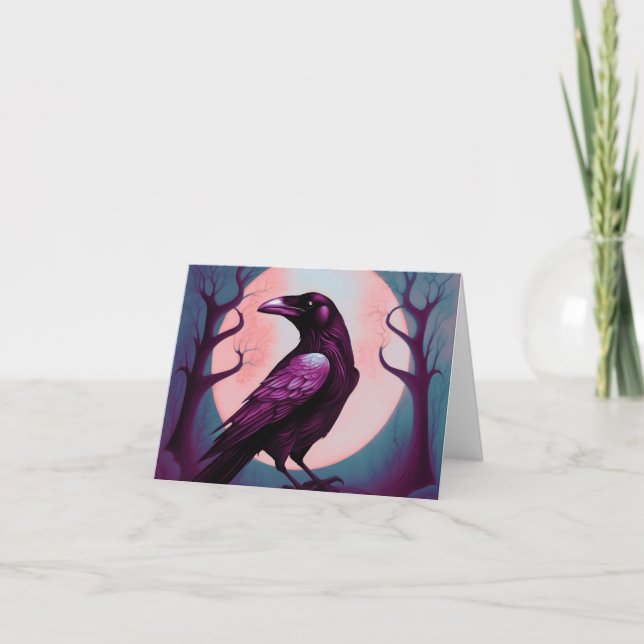 Drawing of a raven on grey blue background card (Front)