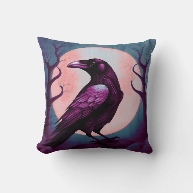 Drawing of a raven on grey blue background cushion (Front)