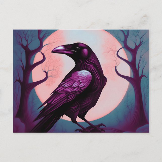 Drawing of a raven on grey blue background postcard (Front)