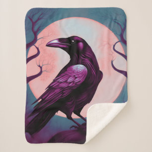 Drawing of a raven on grey blue background sherpa blanket