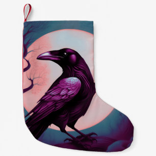 Drawing of a raven on grey blue background small christmas stocking
