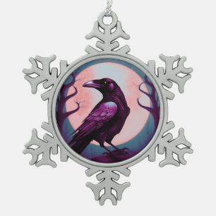 Drawing of a raven on grey blue background snowflake pewter christmas ornament