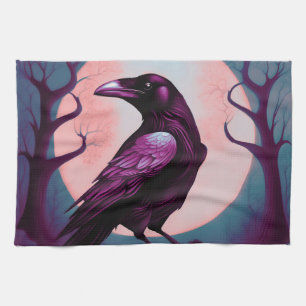 Drawing of a raven on grey blue background tea towel