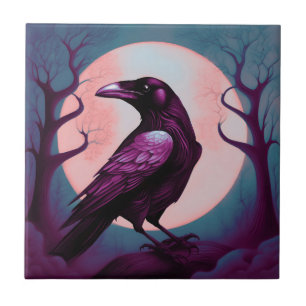 Drawing of a raven on grey blue background tile