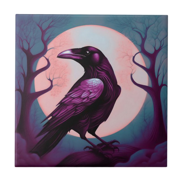Drawing of a raven on grey blue background tile (Front)