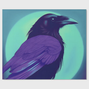 Drawing of a raven on neon blue background wrapping paper