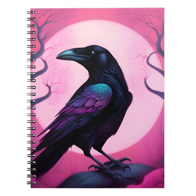 Drawing of a raven on neon pink background notebook (Front)