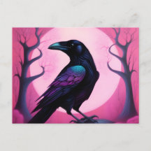 Drawing of a raven on neon pink background