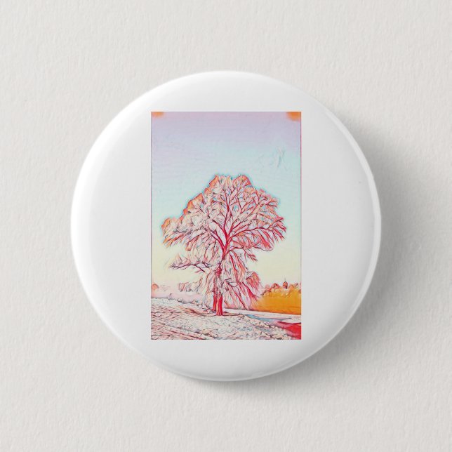 Drawing of a Snowed Tree in a Winter Scenery 6 Cm Round Badge (Front)