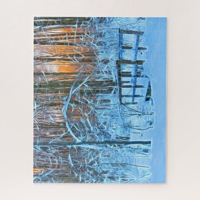 Drawing of a winter scenery at sunset jigsaw puzzle (Vertical)