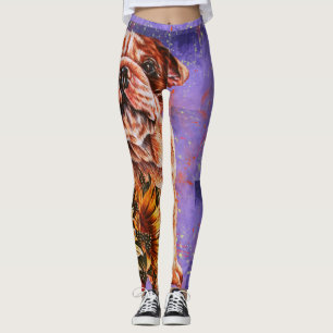 Drawing of Bulldog and Sunflowers Dog Art Leggings