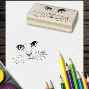 Drawing of Cat Face with Eyes Nose Long Whiskers Rubber Stamp
