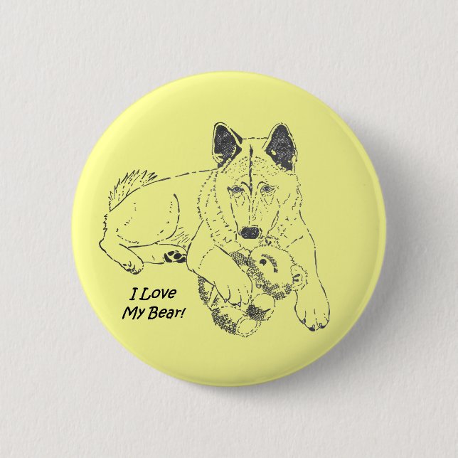 drawing of cute akita dog with teddy bear 6 cm round badge (Front)