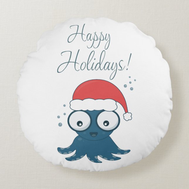 drawing of cute cartoon blue octopus  round cushion (Front)
