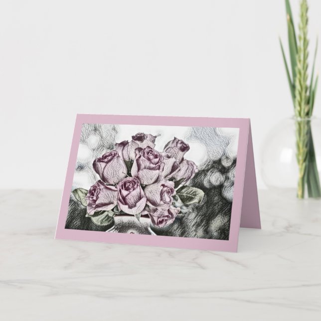 Drawing of pink roses bucket Folded Greeting Card (Front)