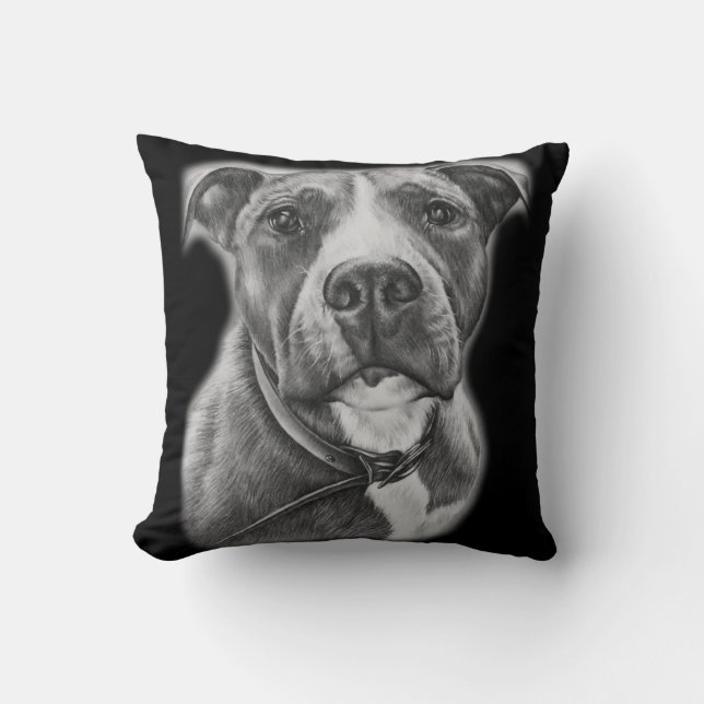Drawing of Pit Bull Dog Animal Art Pillow (Front)