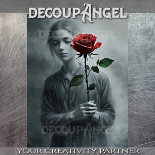 Drawing of Woman with Red Rose - Decoupage Tissue Paper