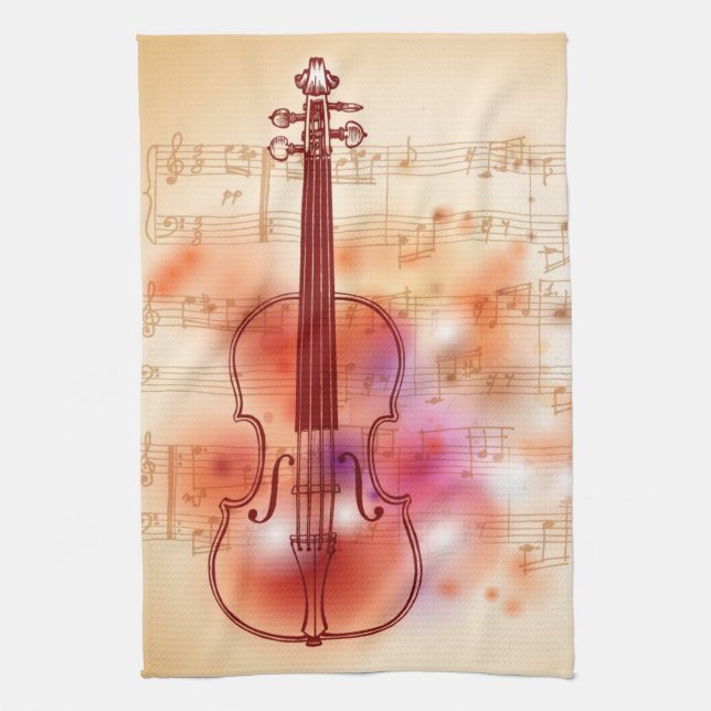 Drawing on watercolor background of violin tea towel (Vertical)