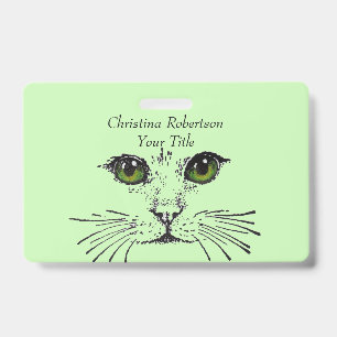 Drawing Pretty Cat Face Bright Eyes Light Green ID Badge