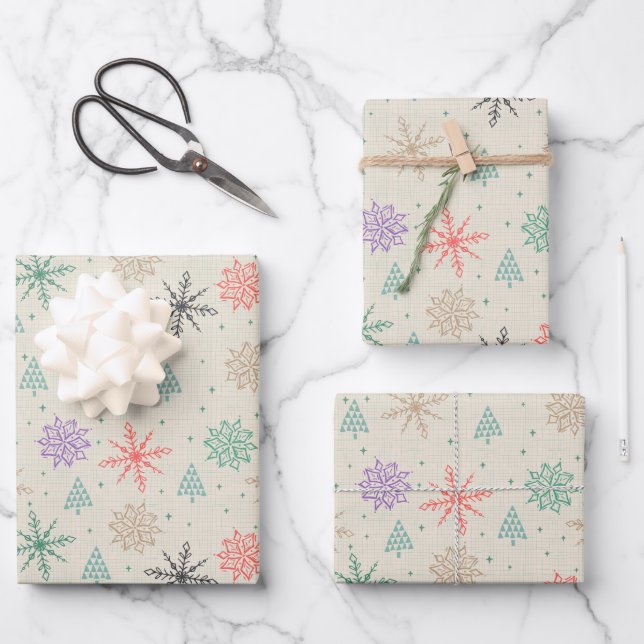 Drawing Snowflakes Christmas Trees Multicolor Snow Wrapping Paper Sheet (Front)