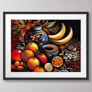 Drawing Stylised Still Life Vase Fruit Poster