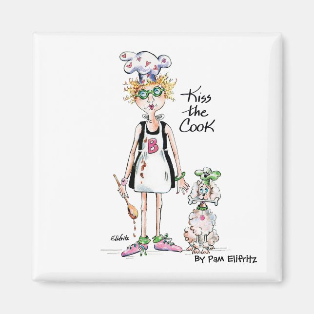 Drawing tired woman cook appreciates a kiss magnet (Front)