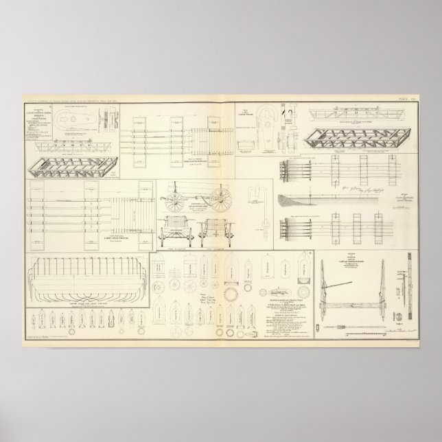 Drawings boats, bridges, wagons, projectiles poster (Front)