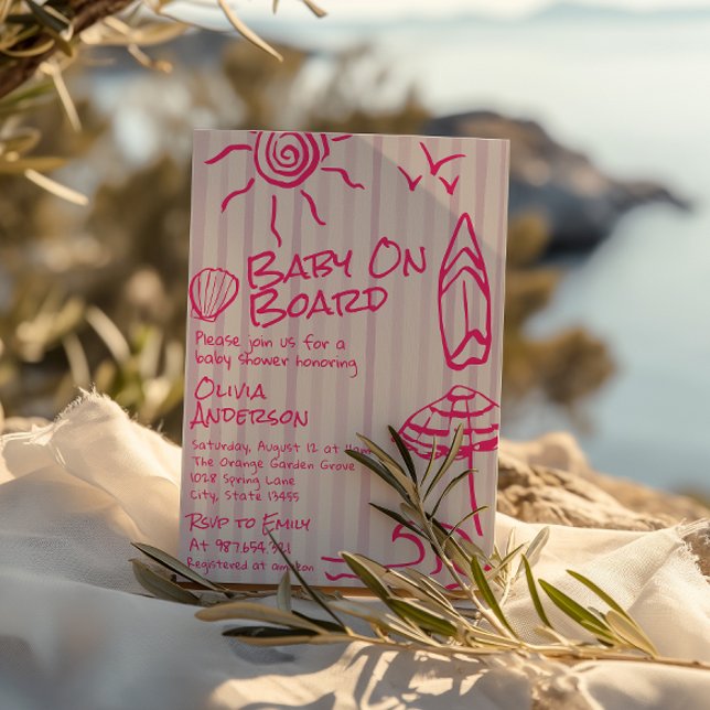 Drawn Baby On Board Surf Summer Girl Baby Shower Invitation (Creator Uploaded)