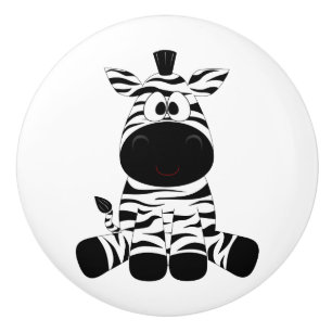 Drawn Black and White Cartoon Zebra sitting Ceramic Knob