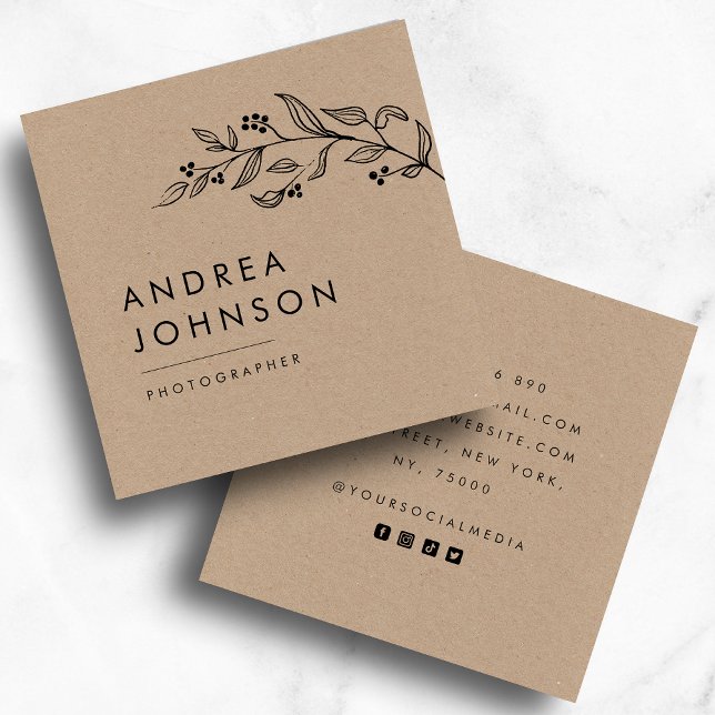 Drawn Botanical Greenery MInimalist Rustic Kraft Square Business Card (Creator Uploaded)